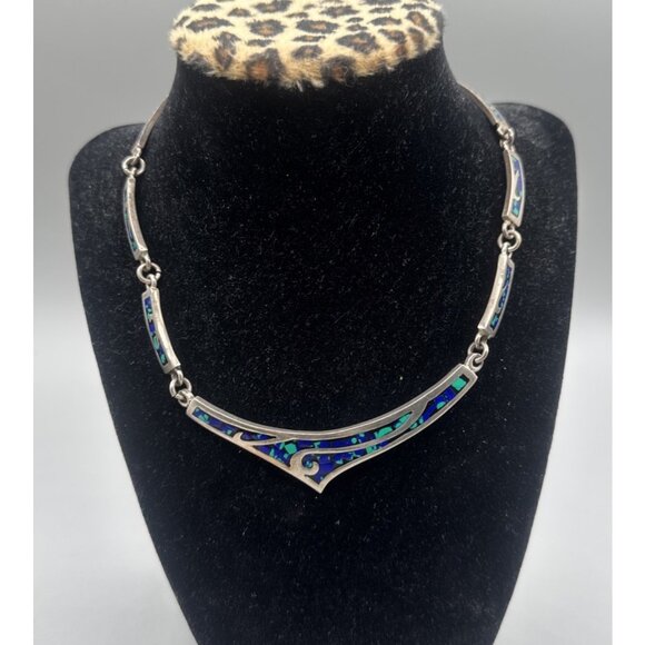 925 Vintage Sterling Silver Turquoise Collar Choker TA-217 Mexico Necklace 16" - Picture 1 of 7
